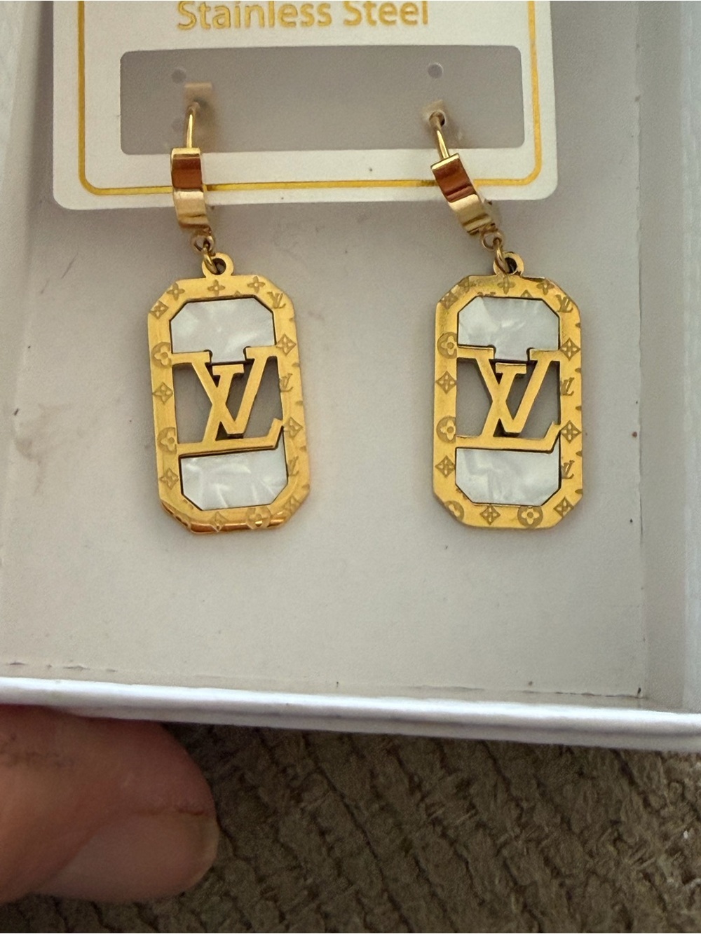 Gold Tone and White Drop Hoop Earrings - stainless steel, fashion jewelry
